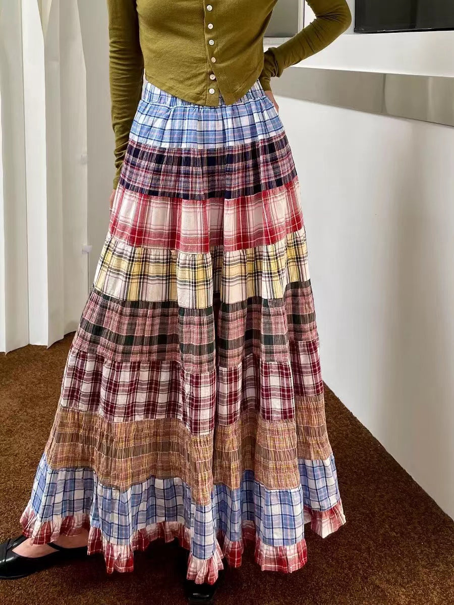 High-waisted plaid splicing color collision big swing skirt