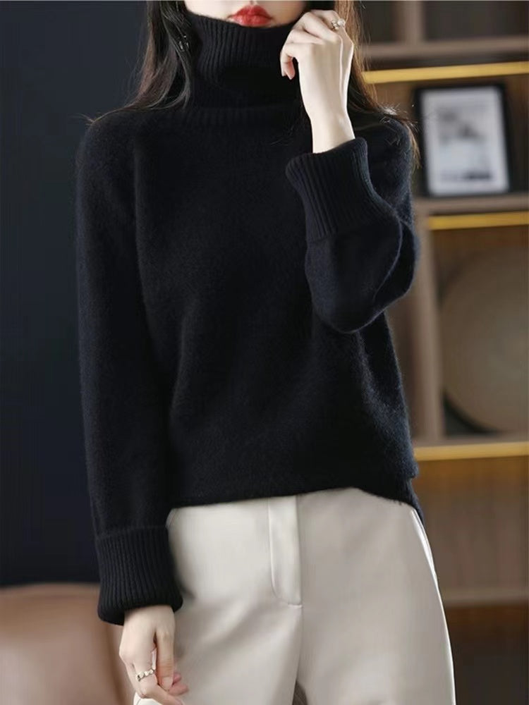 French High Neck Cashmere Knit Sweater Top