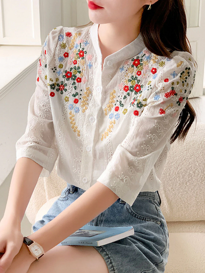 Elegant Embroidered Jacquard Short Sleeve Cardigan Shirt Top