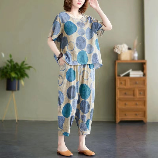 Women's Short Sleeve O Neck Printed Linen Two Piece Set