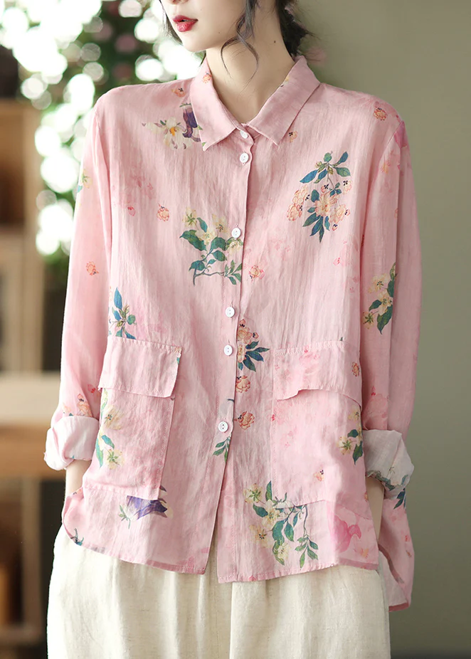 Elegant Low Height Design Linen Pocket Long Sleeve Shirt Top