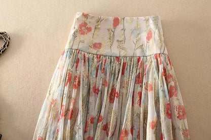 High Waist Zipper Printed Tulle Long Halter Skirt