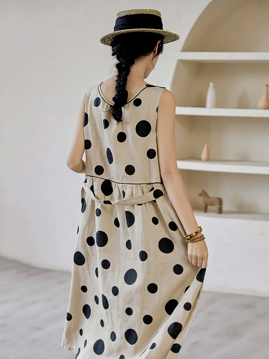 Women's Polka Dot Drawstring Linen Vest Dress