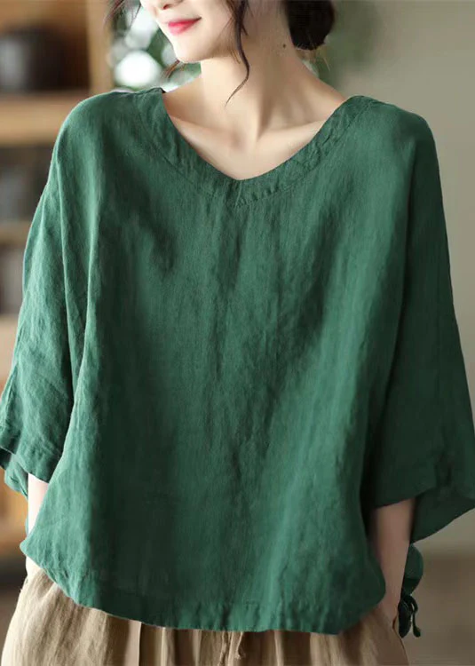 Casual Neck Embroidered Linen Top Long Sleeve