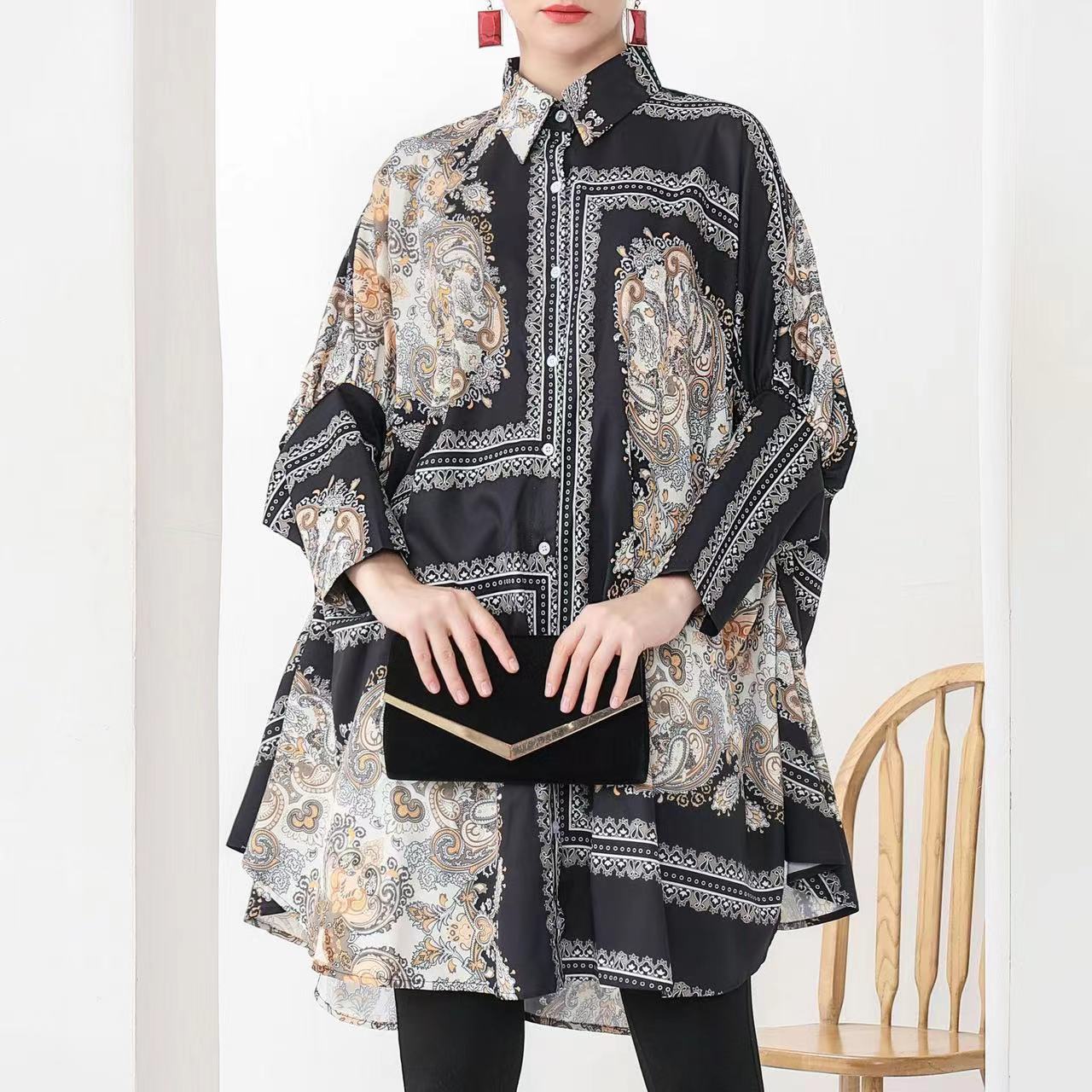 Elegant Printed Lapel Long Sleeve Cardigan Shirt Top