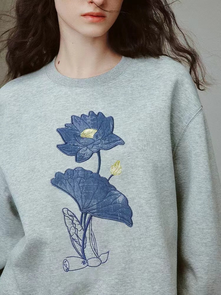 Loose Embroidered Floral Round Neck Long Sleeve Sweatshirt