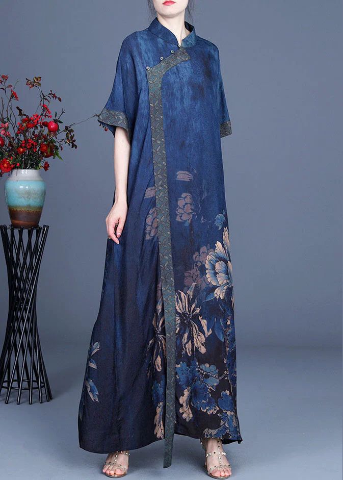 Elegant Printed Silk Half Sleeve Asymmetric Long Dress (Limited Stock)