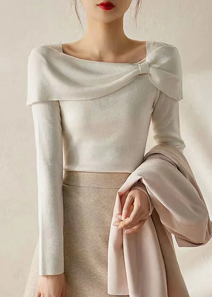 Elegant White Square Neck Bow Knit Top