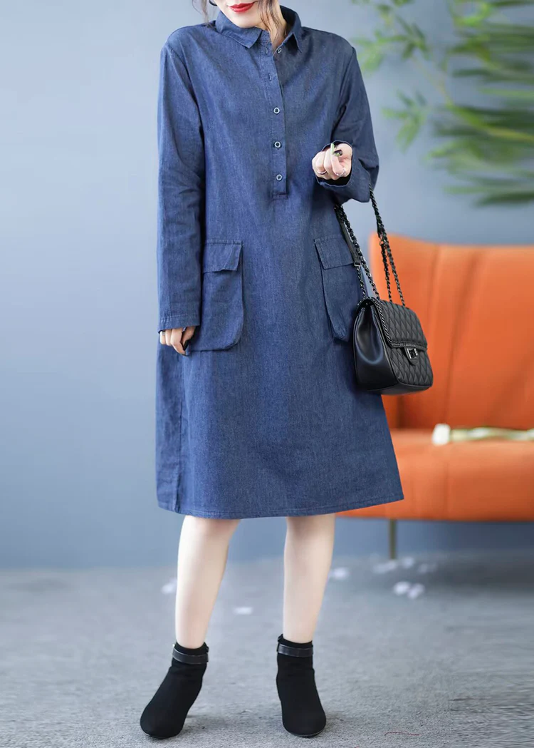 Stylish Lapel Cardigan Pocket Denim Shirt Dress