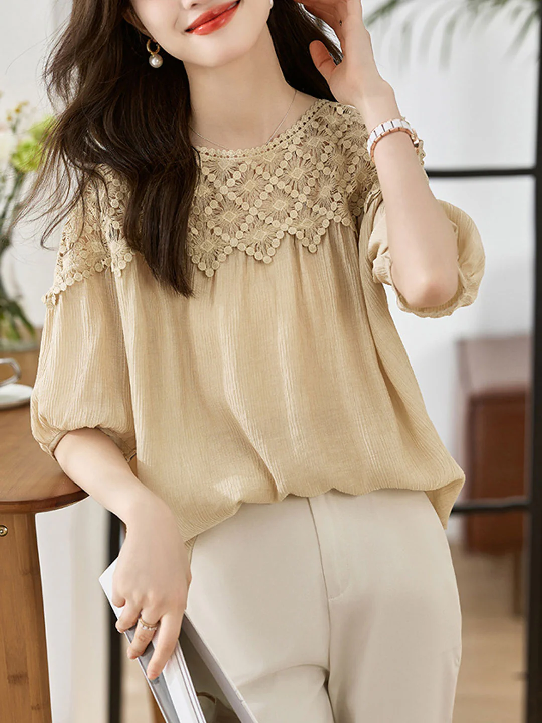 Elegant Lace Patchwork Cotton Interrupted Blouse Top