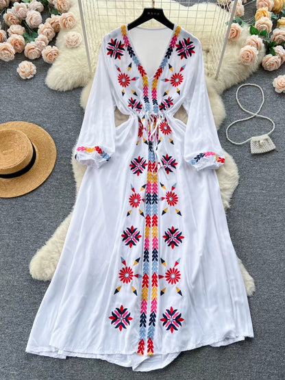 French V-Neck Embroidered Strappy Hem Long Sleeve Dress