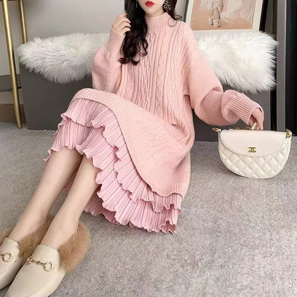 Elegant Patchwork Long Sleeve Long Knit Sweater Dress