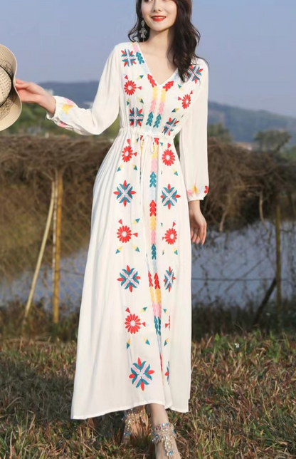 French V-Neck Embroidered Strappy Hem Long Sleeve Dress