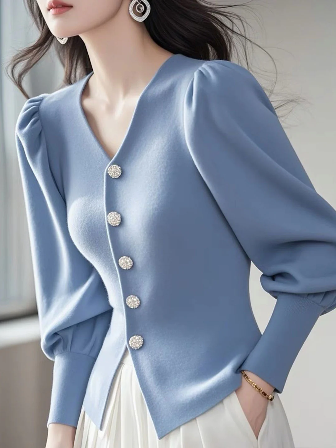 Women's Blue V-Neck Bubble Sleeve Knit Cardigan Spring