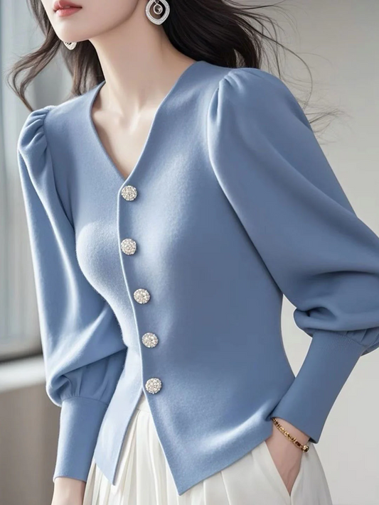 Women's Blue V-Neck Bubble Sleeve Knit Cardigan Spring