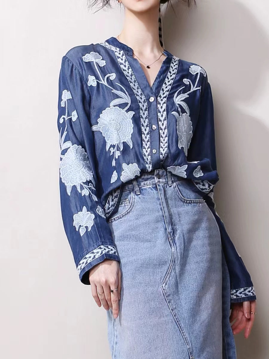 Fashion V-Neck Embroidered Floral Cardigan Long Sleeve Shirt Denim