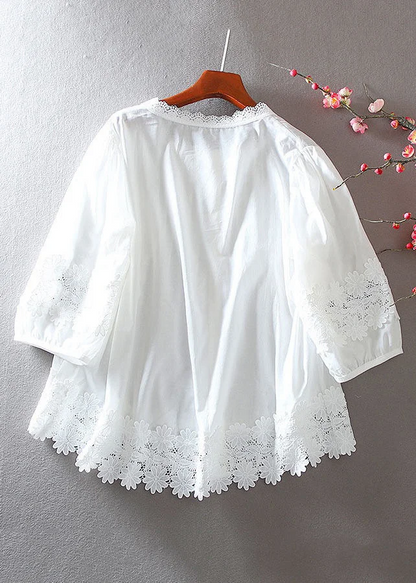 Women's Large Size White Button Hollow Lace Patchwork Shirt Spring