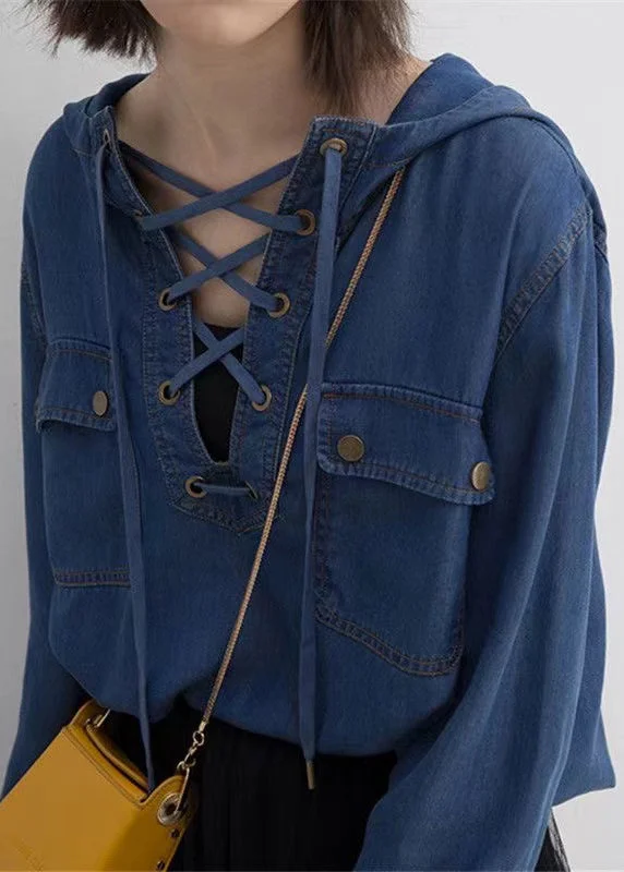 Women's Hooded Lace-Up Denim Shirt Top Long Sleeve Spring