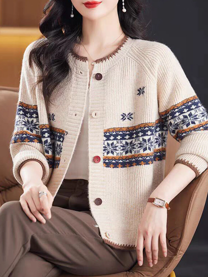 Women's Loose Classic Vintage Crew Neck Knit Cardigan