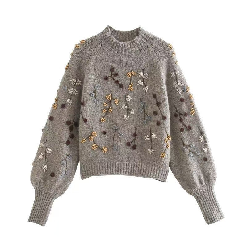 Crew neck grey embroidered beaded jumper