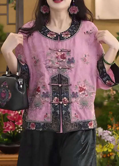 Chinese Style Pink Buttoned Cotton Top