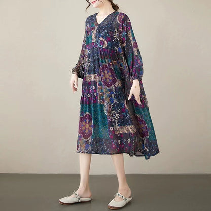 Loose v-neck printed lantern long sleeve dress