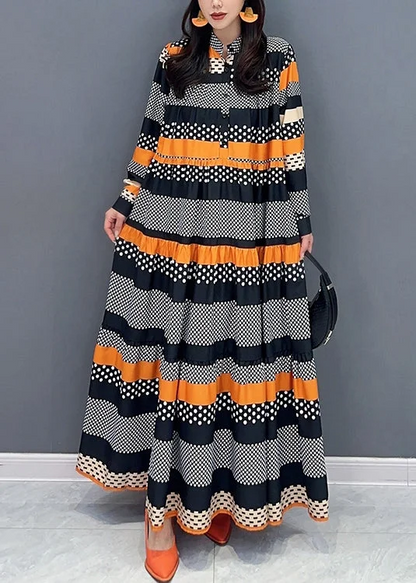 Women's Loose Standing Neck Printed Patchwork Long Dress Spring