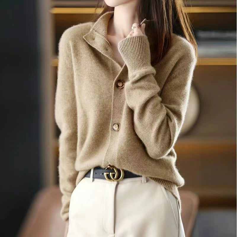 Loose Camel Stand Collar Wool Button Cardigan