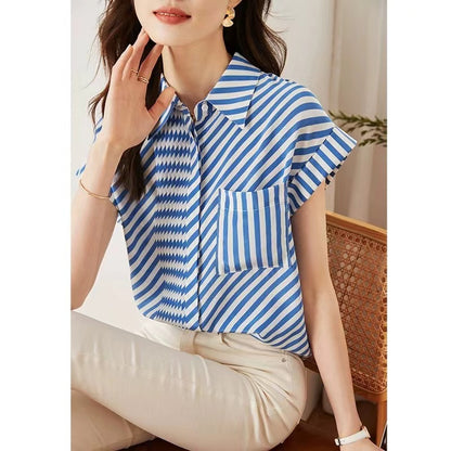 Loose Asymmetrical Color-Crossing Striped Shirt Top