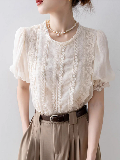 Elegant Round Neck Bubble Sleeve Lace Patchwork Blouse Top