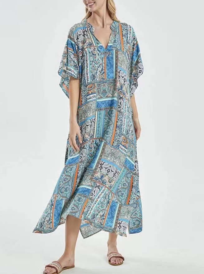 Loose V-Neck Printed Beach Short Sleeve Dress