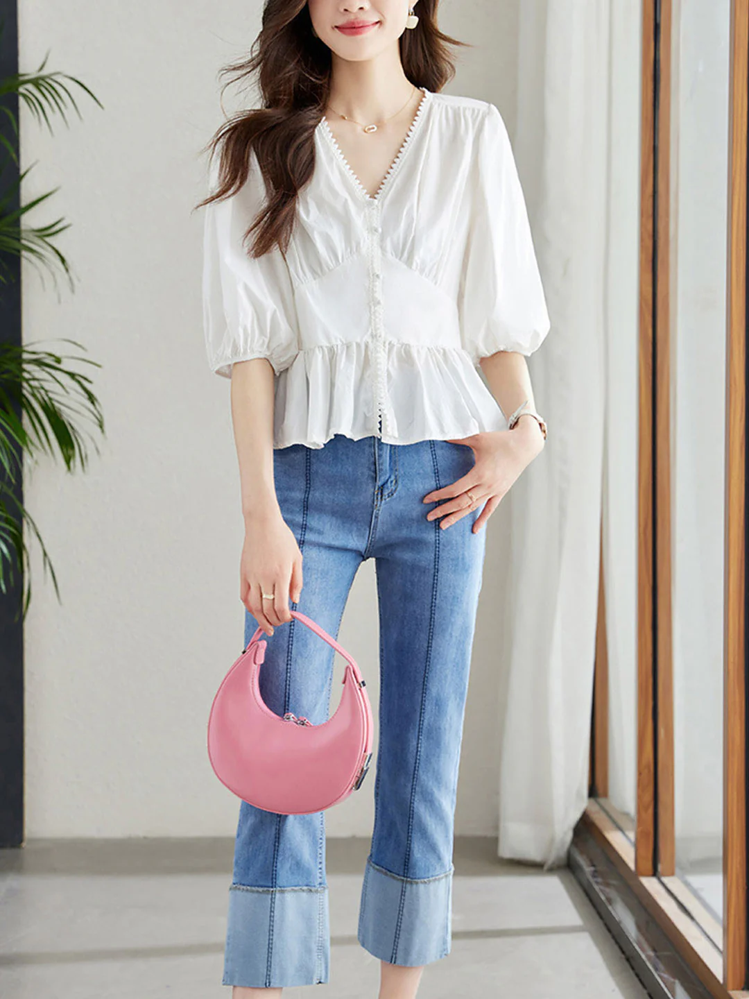 Elegant V-Neck Lantern Short Sleeve Cotton Blouse Top