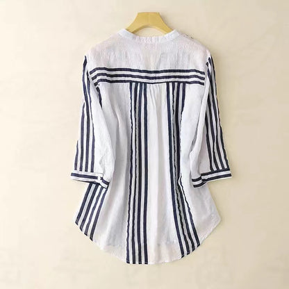 Oversized Striped Cotton Short Sleeve Shirt Top Blue