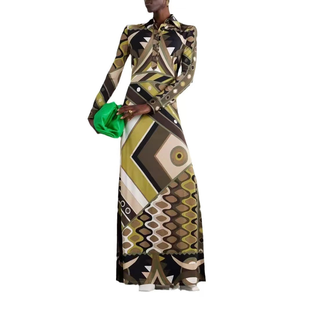 Elegant Geometric Print Lapel Long Sleeve Dress