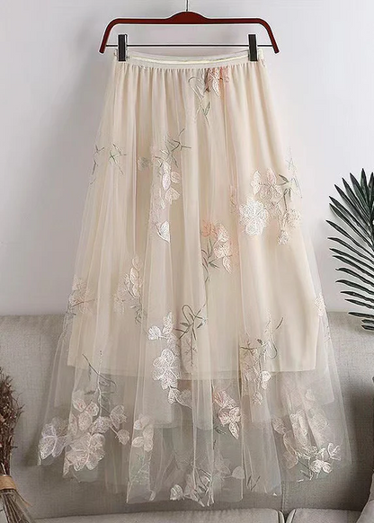 Elegant see-through embroidered elastic waist tulle skirt