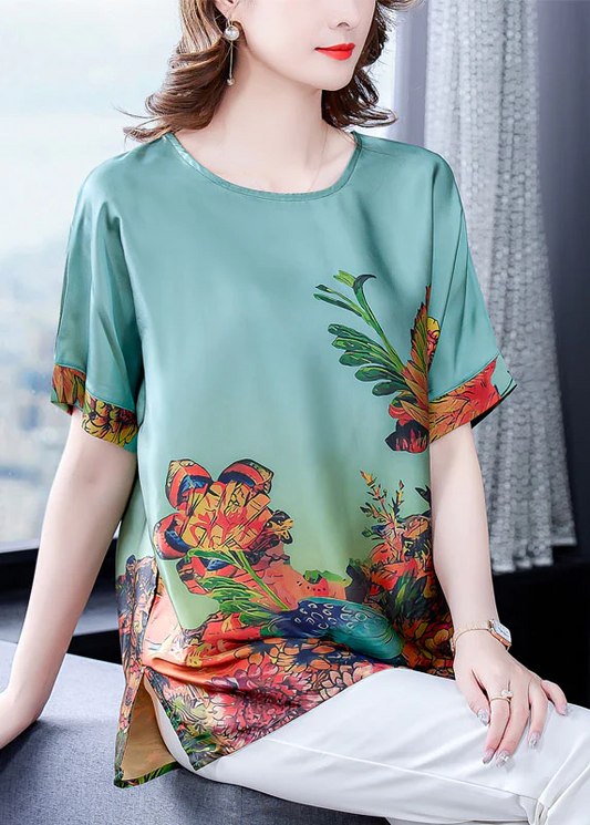 Elegant O Neck Printed Silk Short Sleeve Top