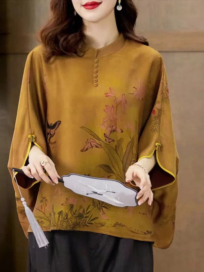 Chinese Printed Silk Clashing Short Sleeve Shirt Top