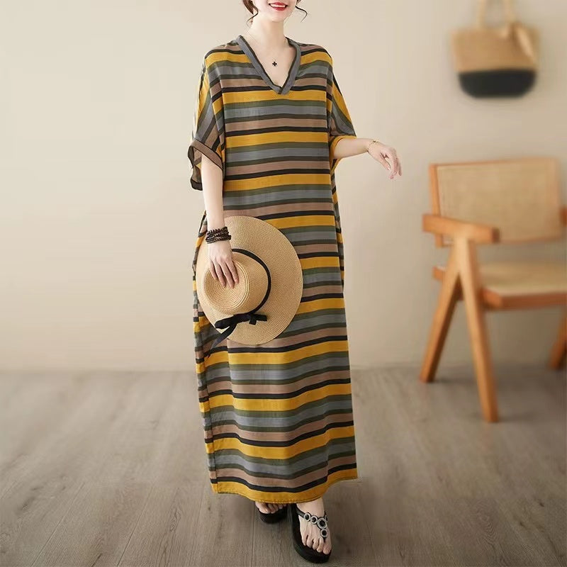 Loose V-Neck Striped Short Sleeve Beach Length Dress