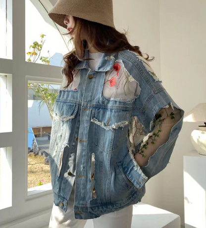 Fashion Embroidery Flower Patchwork Thin Mesh Sun Screen Denim Jacket