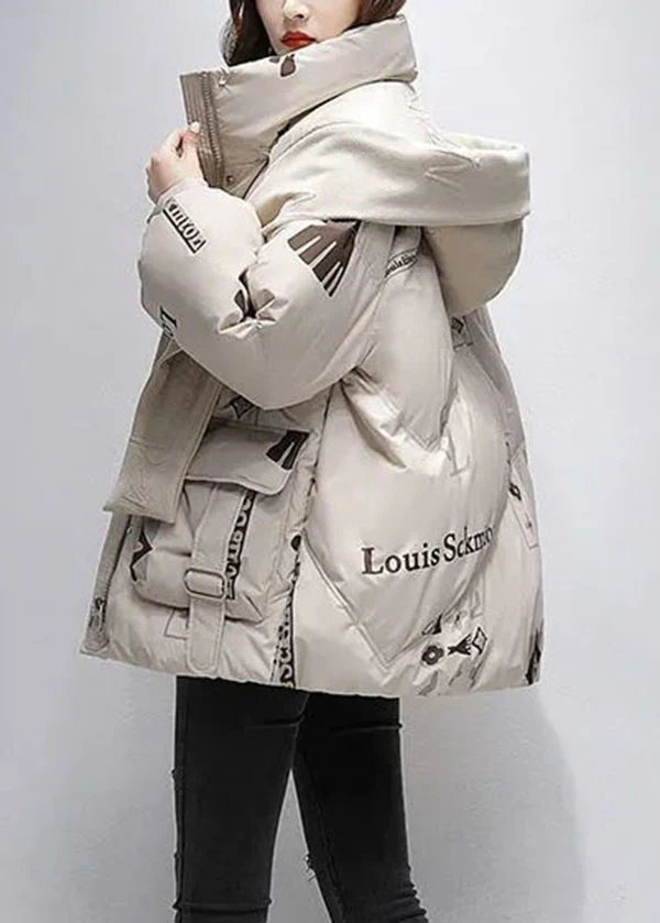 Casual Hooded Printed Text Down Coat