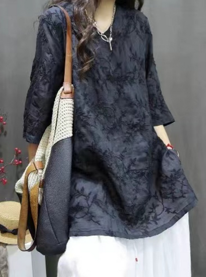 Loose V-Neck Embroidered Linen Long Shirt Top