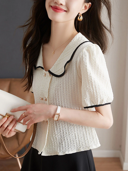 Elegant Bubble Short Sleeve Color Clash Shirt Top