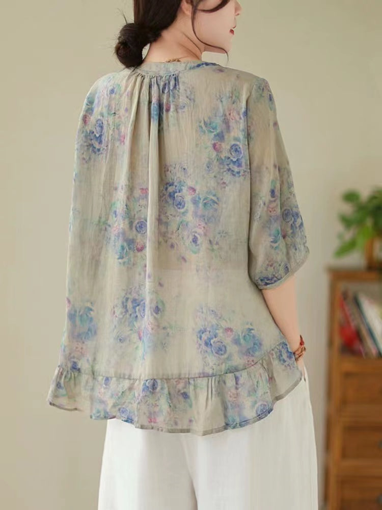 Elegant Printed Color Clash Cardigan Short Sleeve Cotton Blouse Top