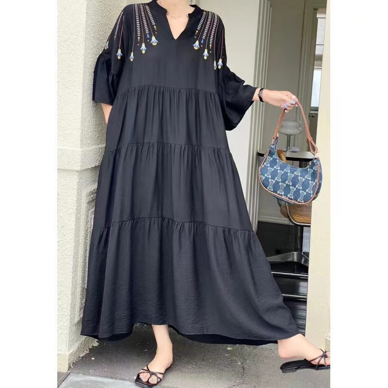 Elegant V-Neck Embroidered Pleated Dress