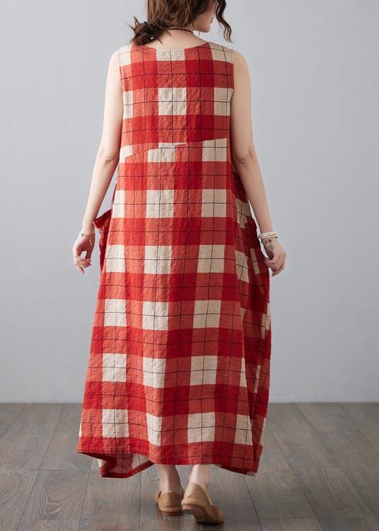 Casual Red Plaid Sleeveless Pocket Dress