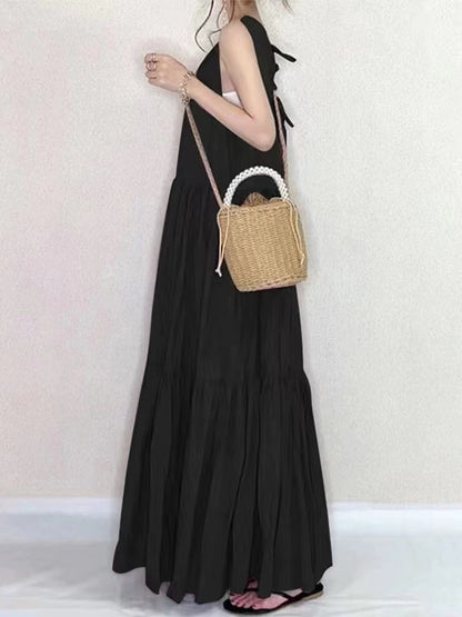 Loose Round Neck Shredded Pleat Sleeveless Long Dress