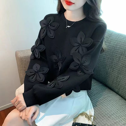 Beaded Floral Round Neck Long Sleeve Sweatshirt