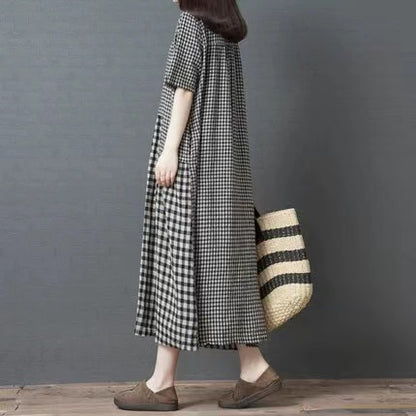 Vintage O Neck Patchwork Plaid Linen Loose Dress