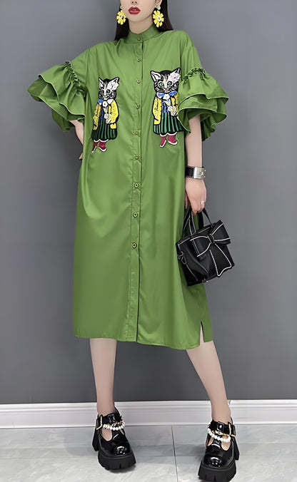 Women's Plus Size Green Standing Collar Cat Embroidery Shirt Dress Spring