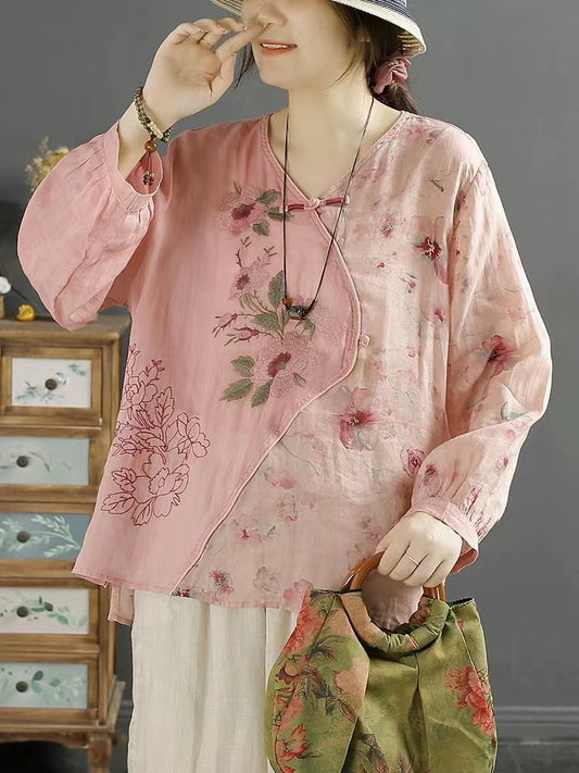 Fashion Embroidery Asymmetric Patchwork Cotton Long Sleeve Shirt Top